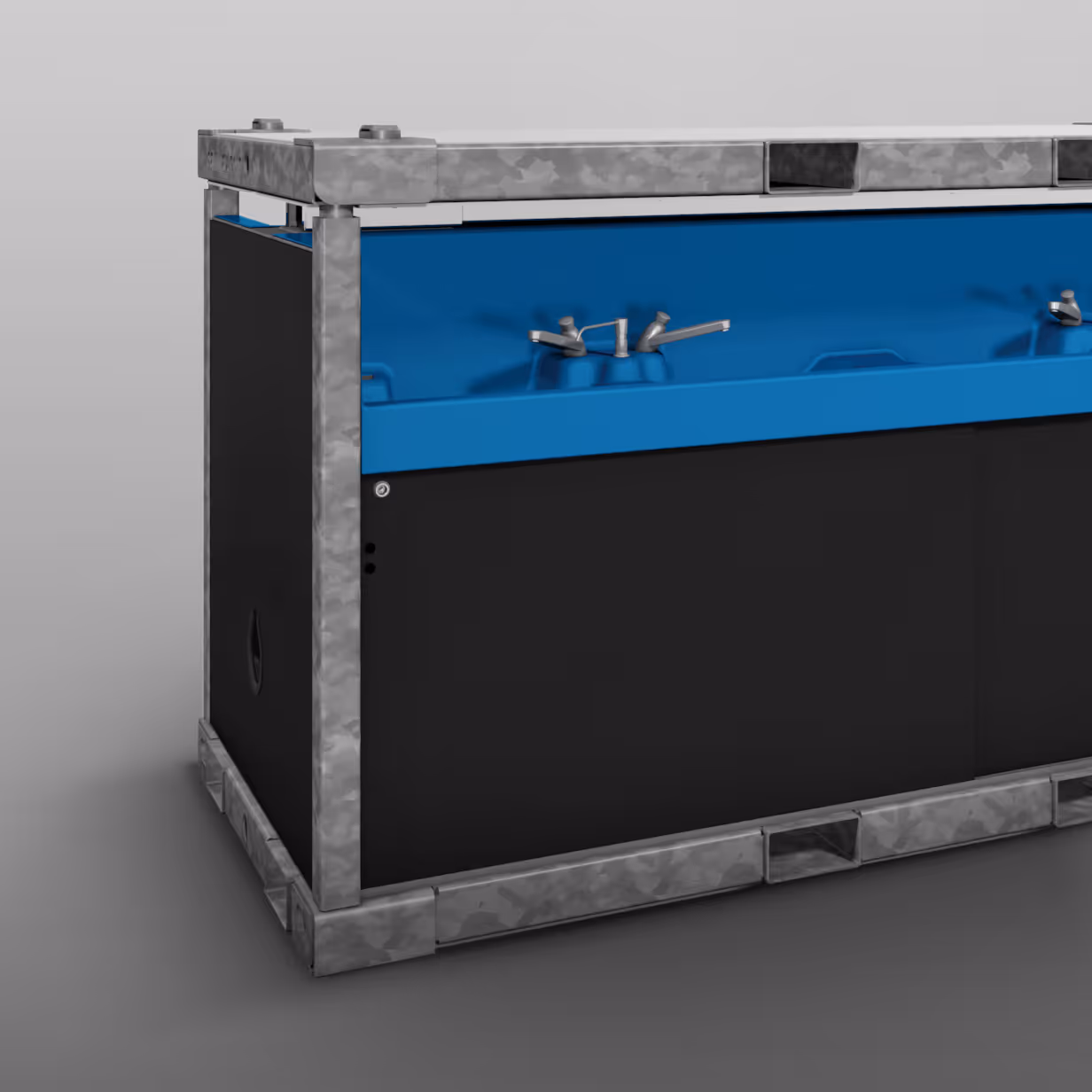 Modular design washbasin with a blue top and gray metal frame. Features multiple taps.