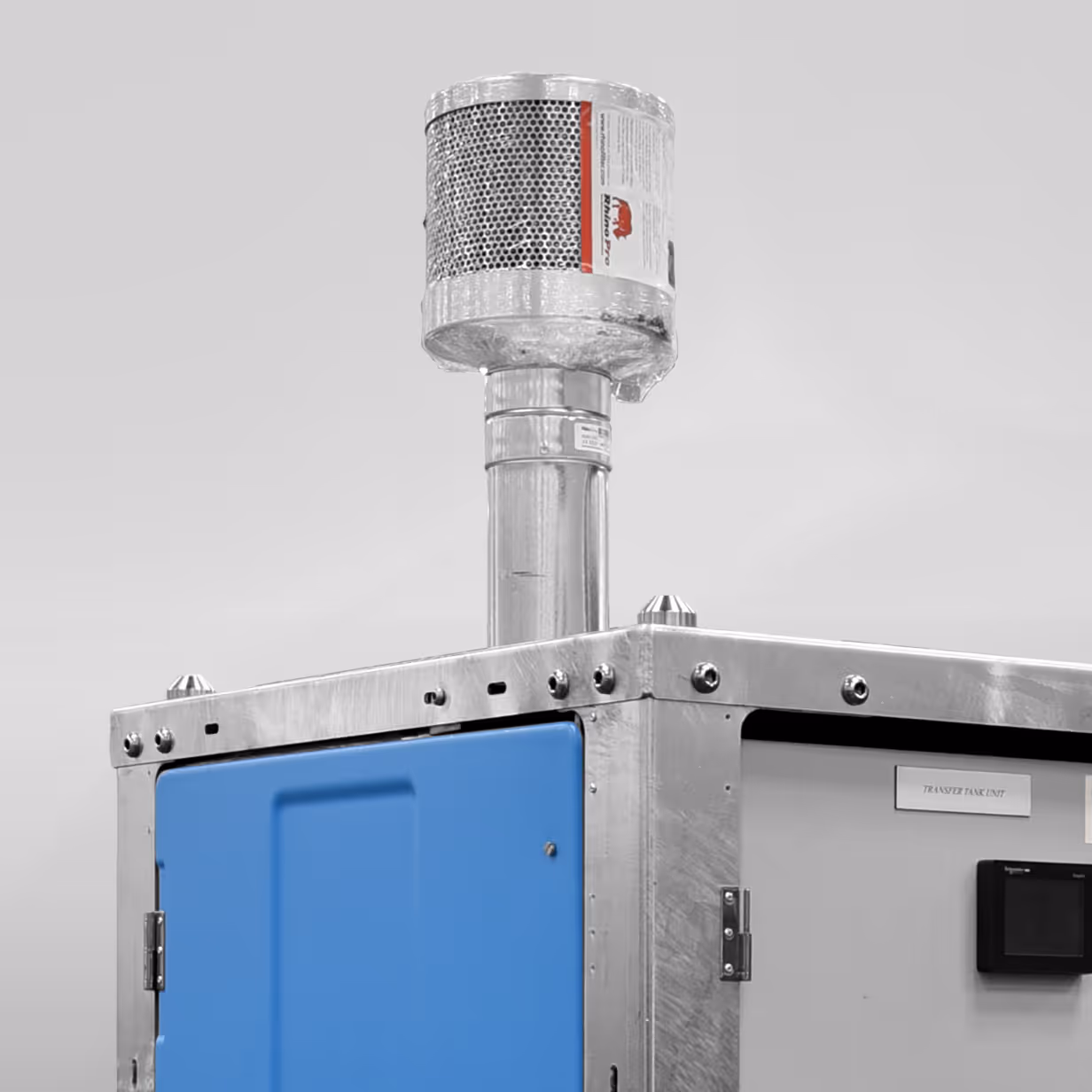 Industrial metal unit with a blue door and a stainless steel vent labeled RhinoPro on top.