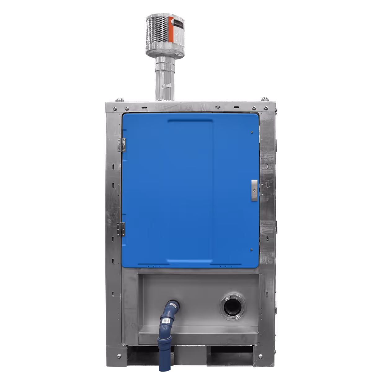 Flow control unit with a blue door, metal casing, and exhaust pipe on top.