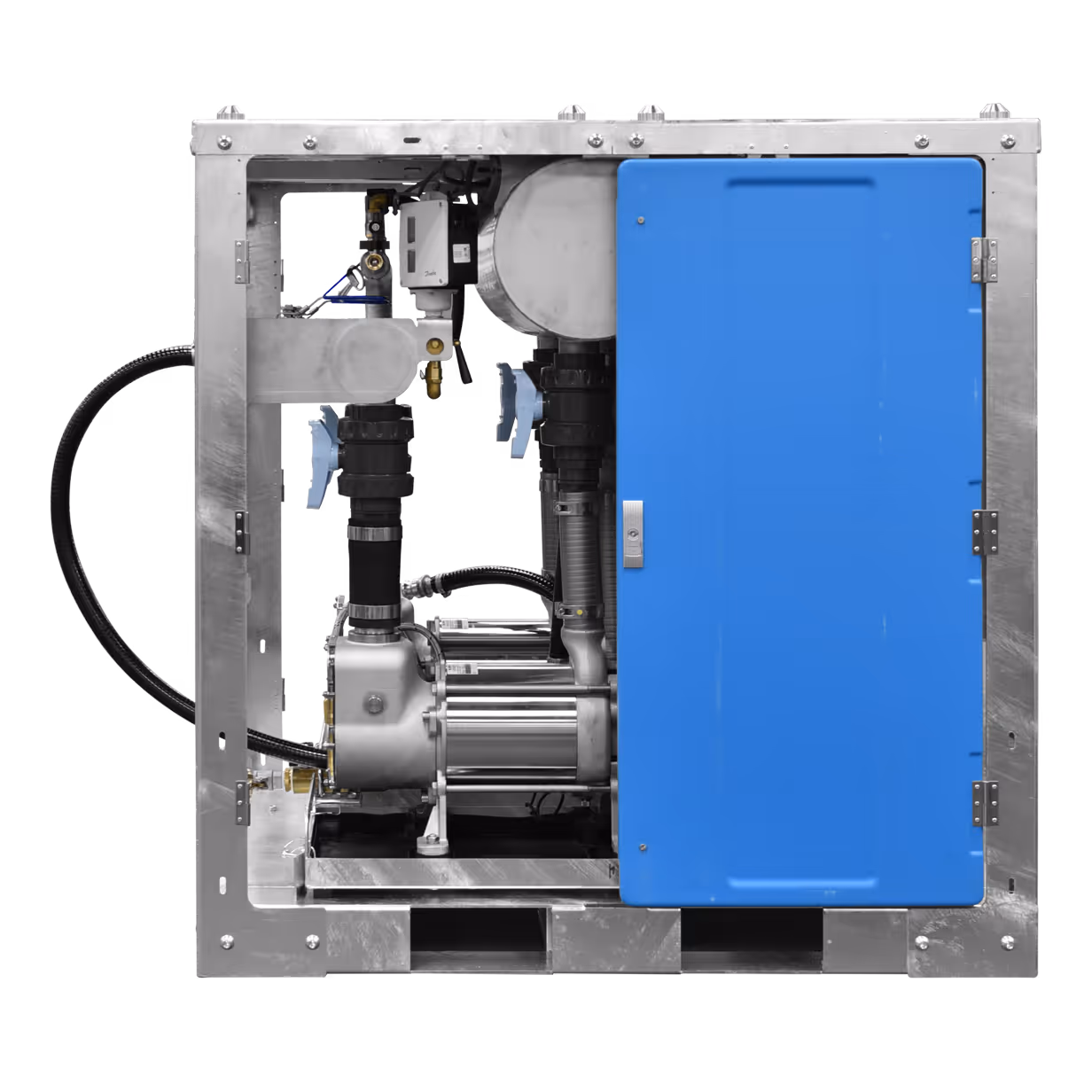 Industrial vacuum unit with metallic frame and blue control panel door on the right side.