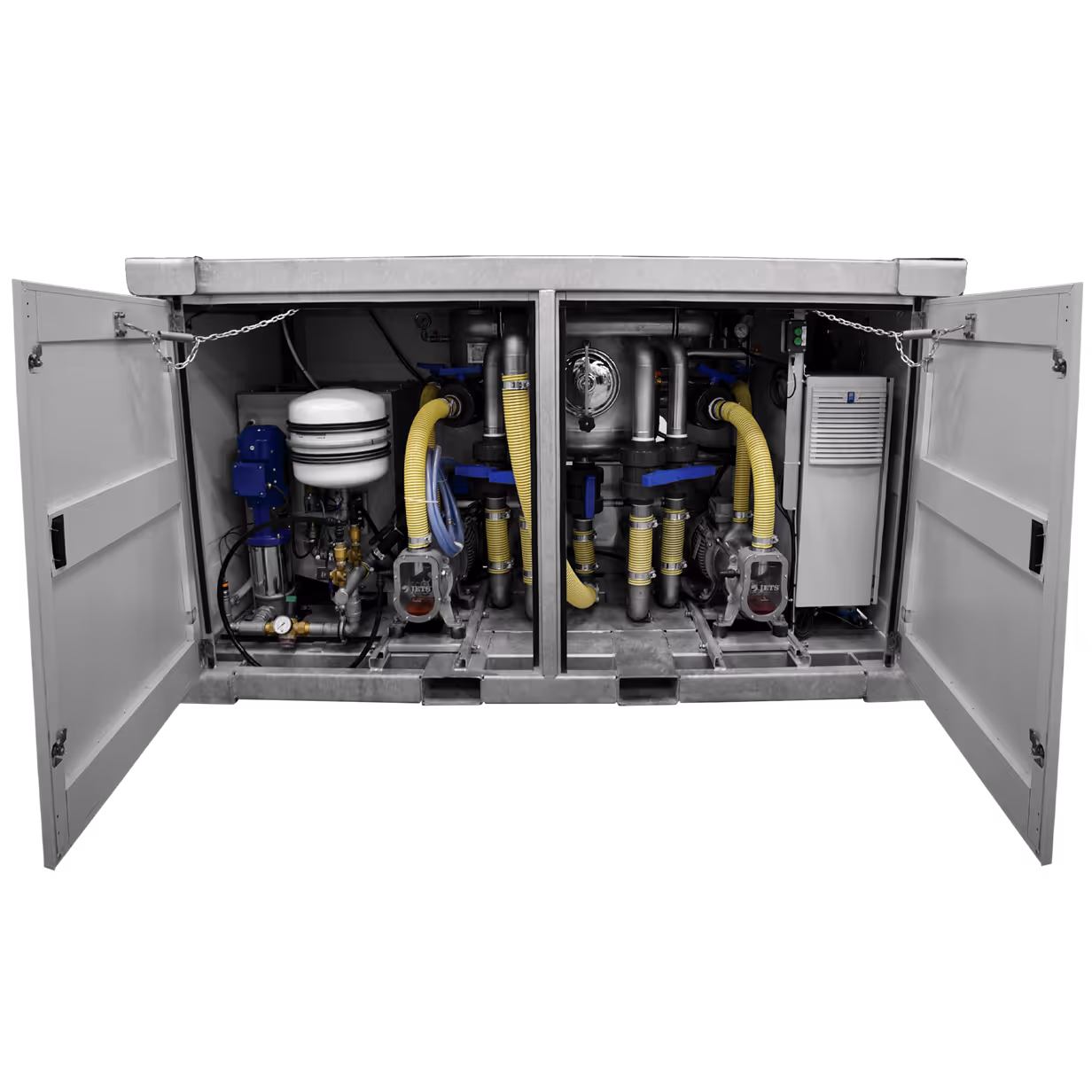 Open industrial gray cabinet with pipes, valves, yellow and blue hoses, pumps, and control equipment inside.