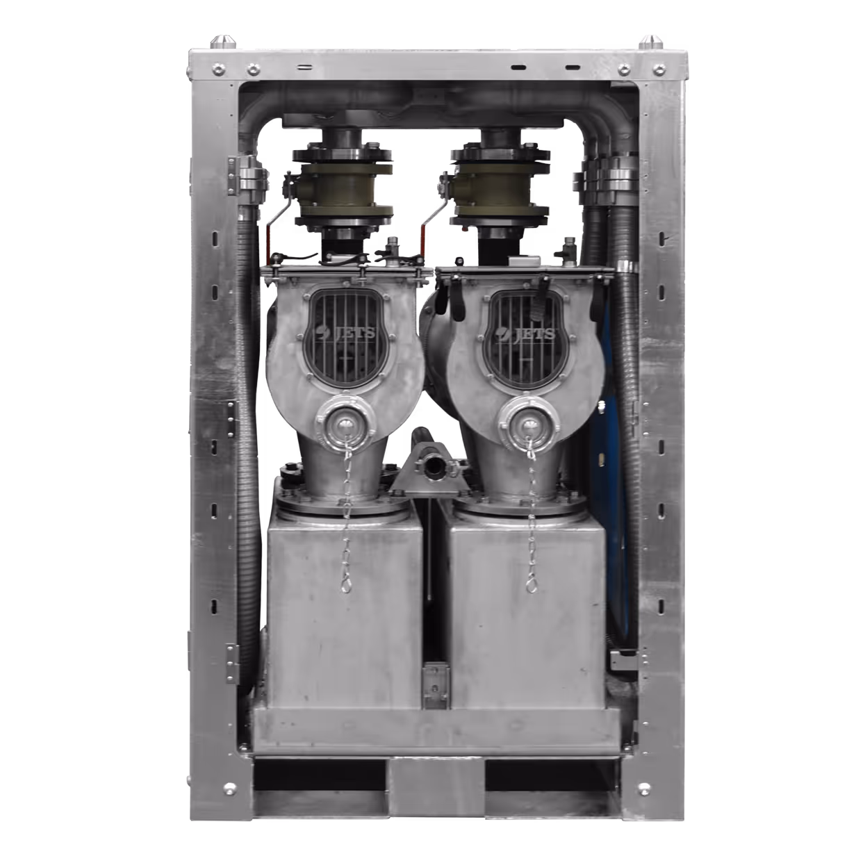 Front view of a twin industrial blower system housed in a metal frame with visible pipes and vents.