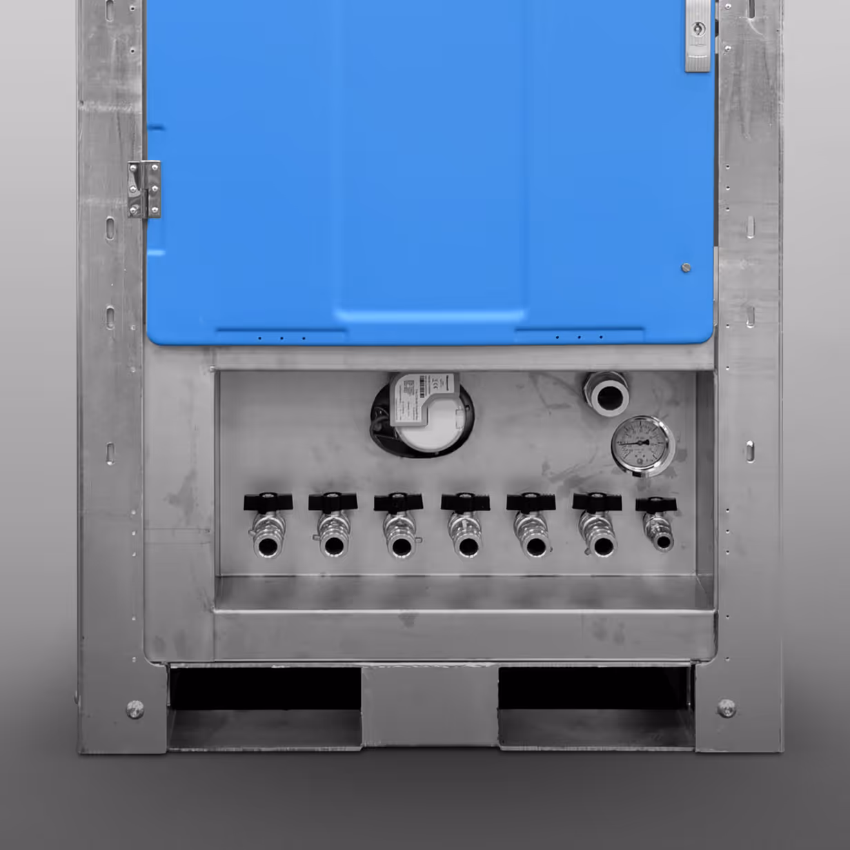 Metal industrial panel with blue cover, seven valves, a gauge, and a meter inside a frame.