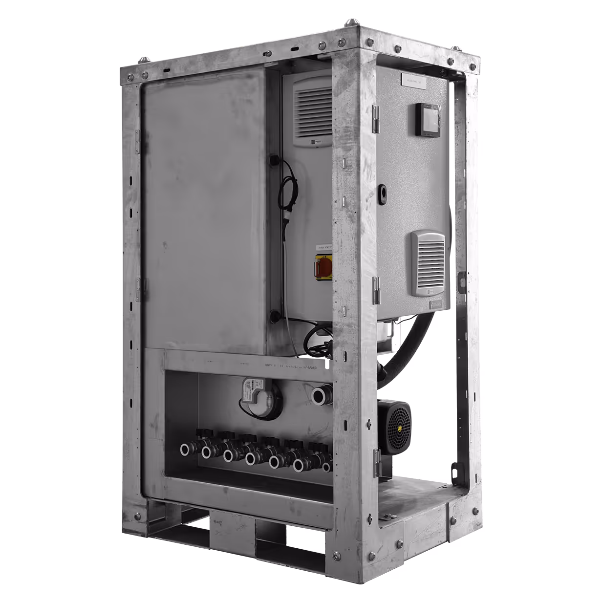 Industrial metal-framed control panel with pipes, switches, and ventilation components.