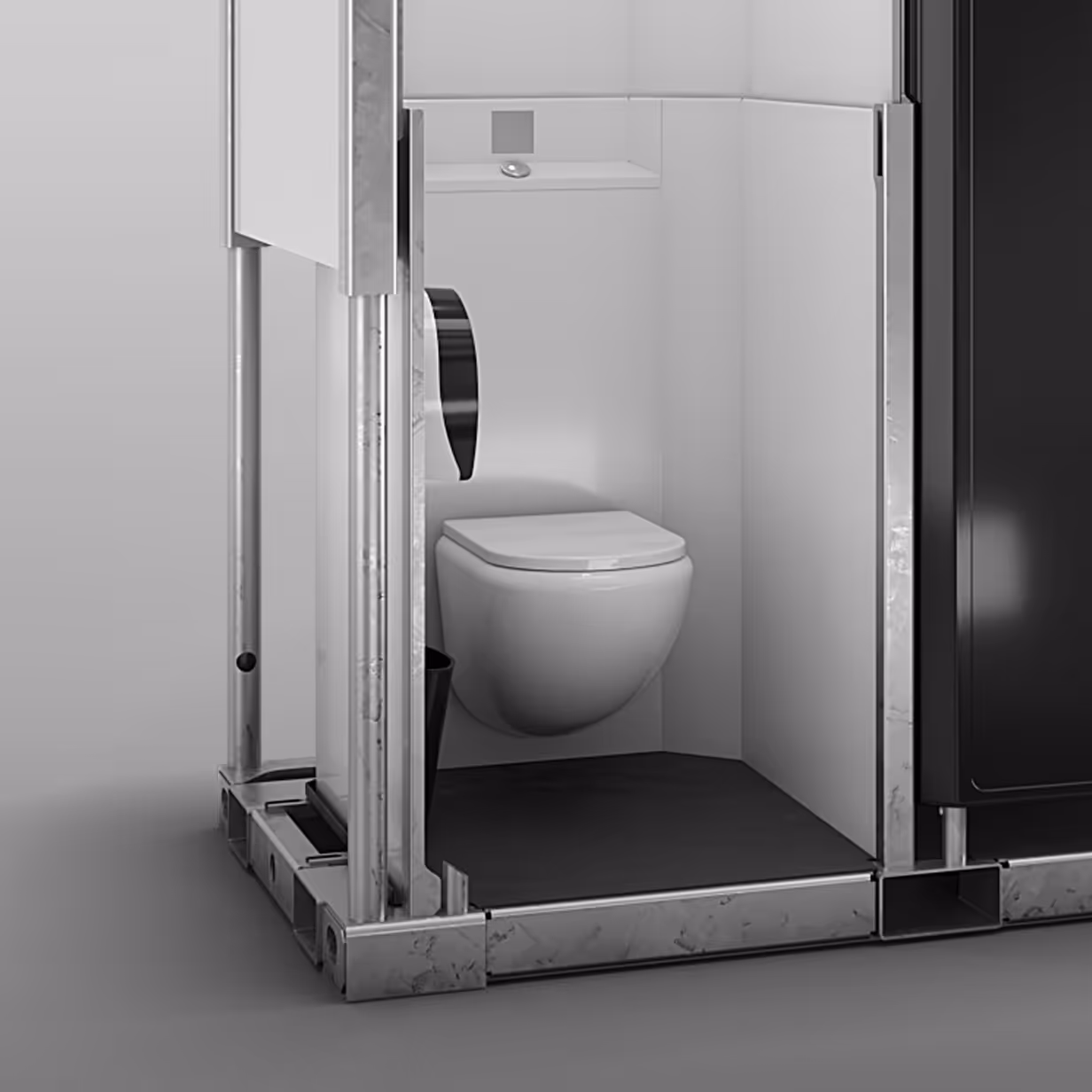 Compact modern white wall-mounted toilet inside a partially enclosed bathroom stall.