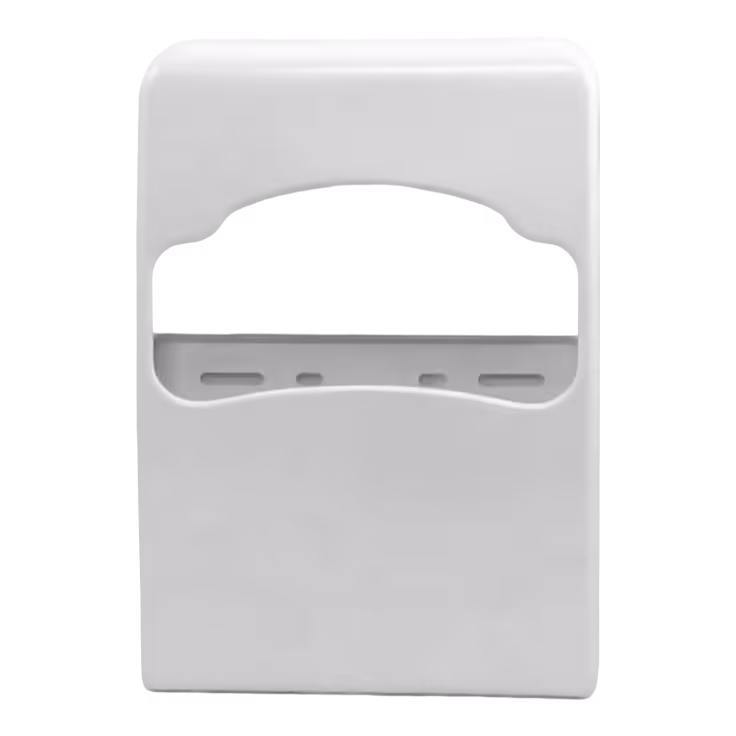 White plastic wall-mounted dispenser for folded seat covers with an open dispensing slot.