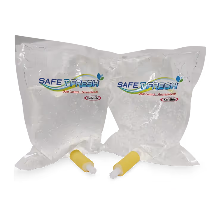Two transparent Safe T Fresh odor control sanitizer bags with yellow nozzles.
