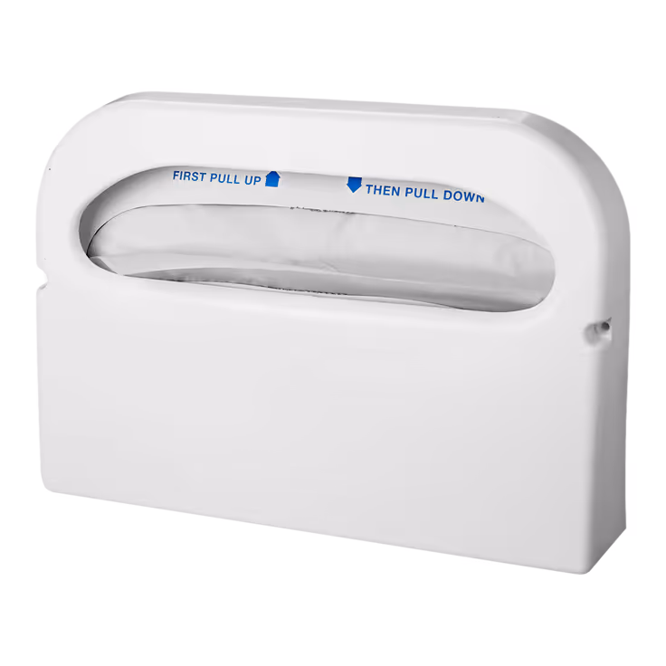 White plastic dispenser for folded seat covers with instructions printed inside opening.