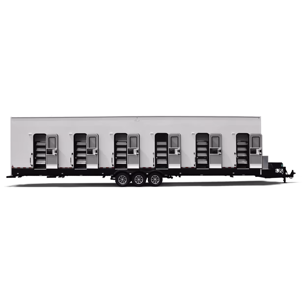 Long white trailer with seven open doors revealing stairs inside, supported by triple-axle wheels.