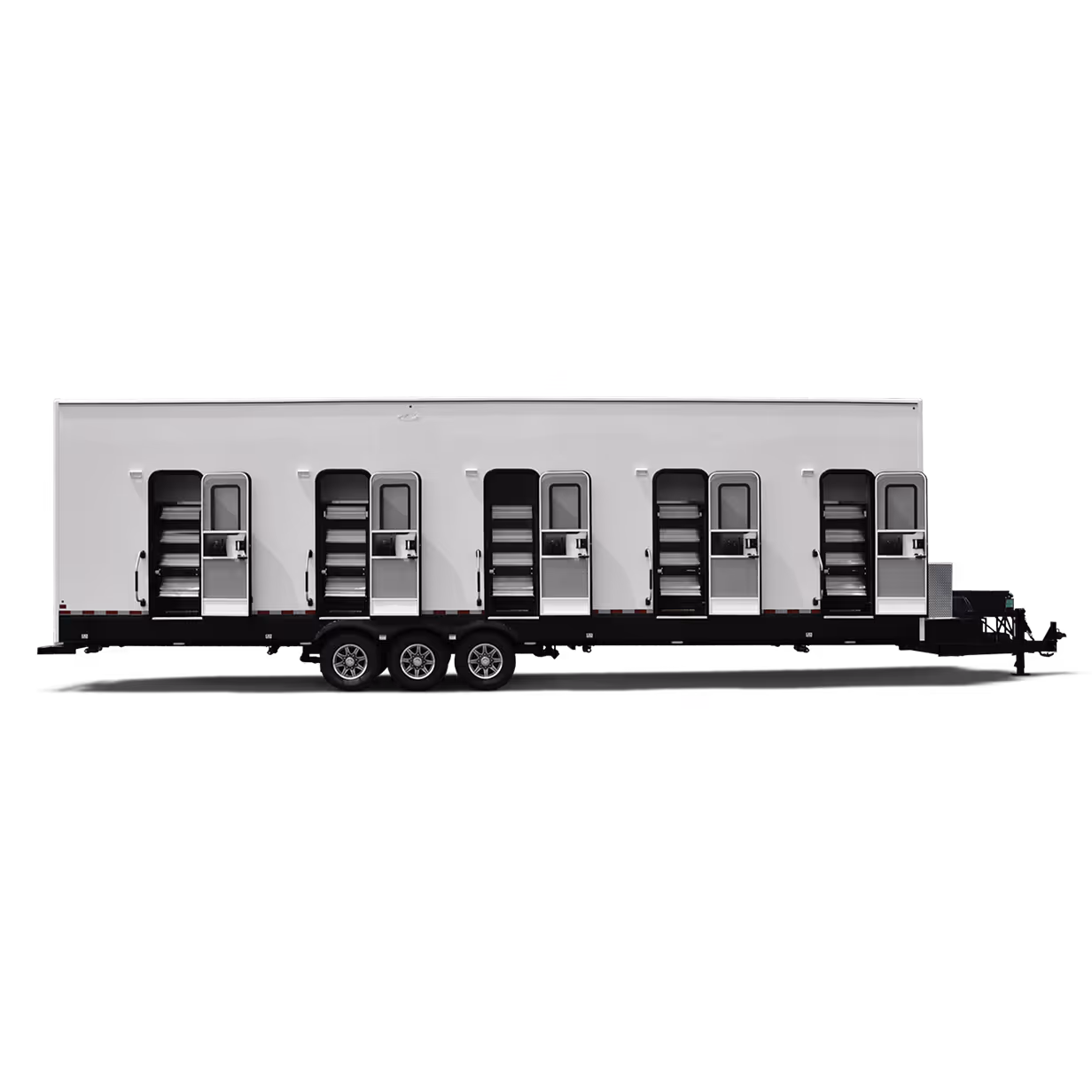 Long white trailer with six separate doors, each with steps leading inside and three wheels below.