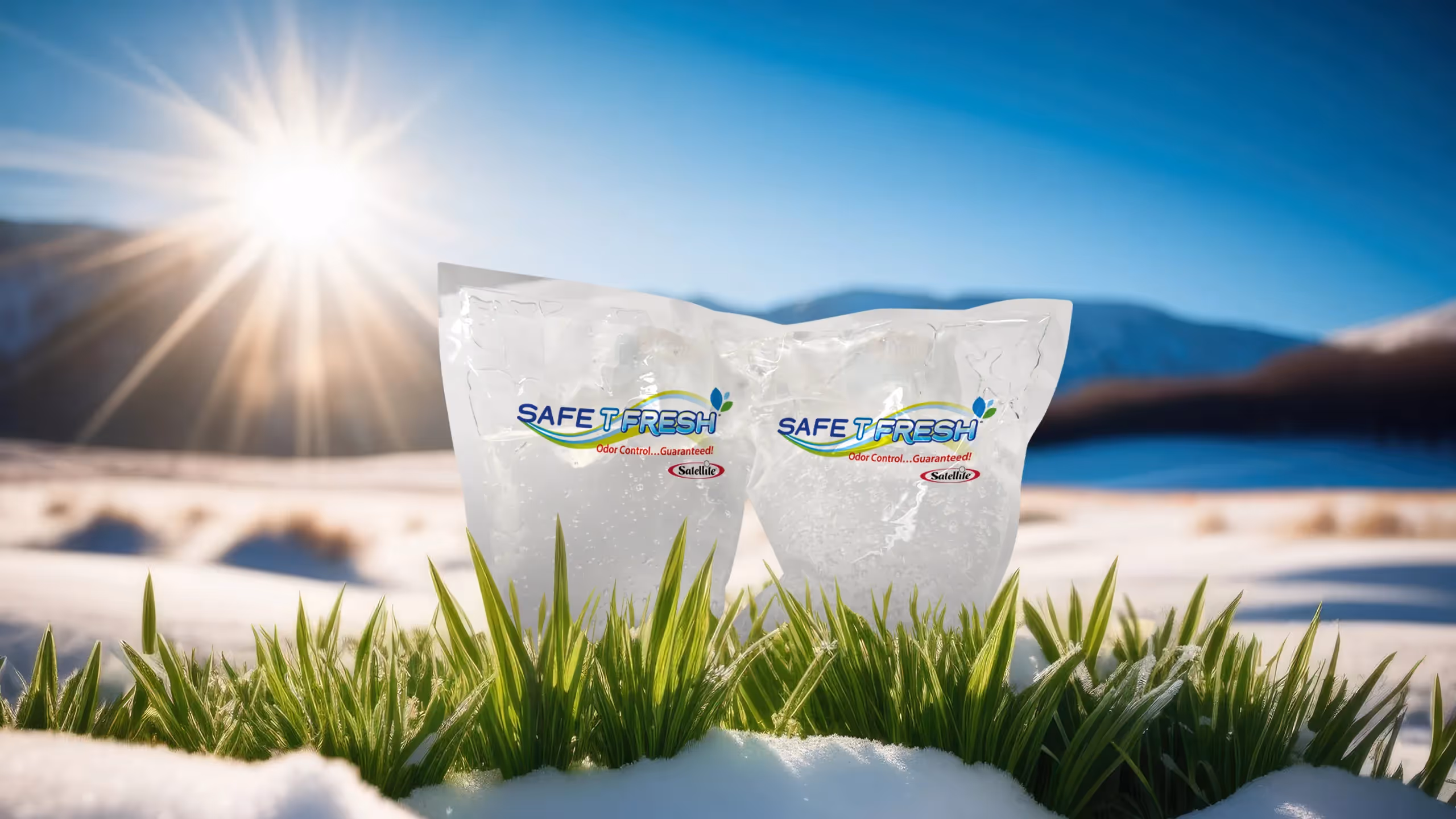 Two Safe T Fresh odor control packets on grass with snow, sun shining and mountains in the background.
