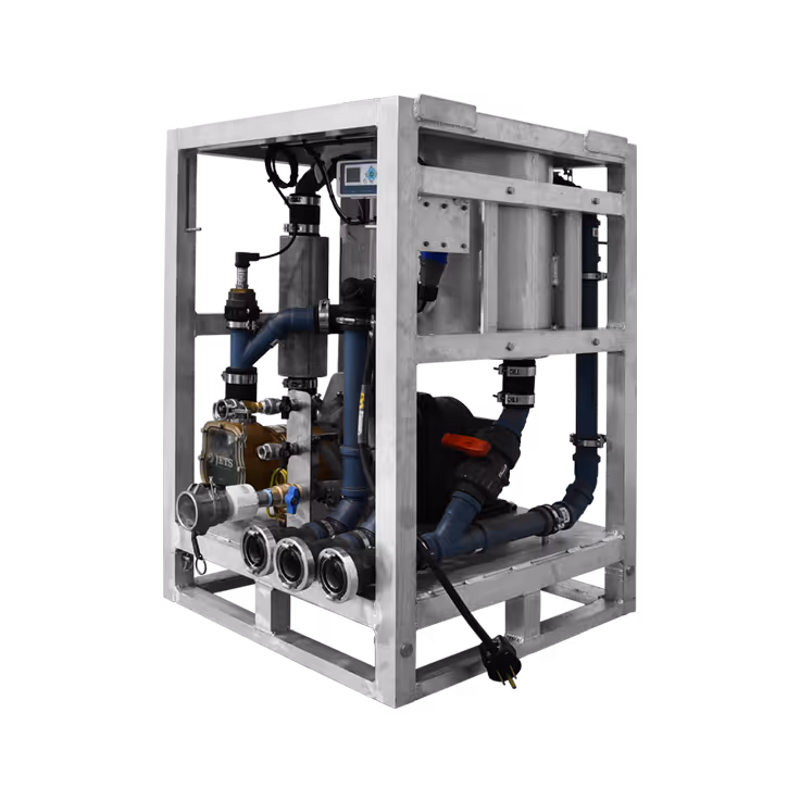 Industrial equipment featuring a compact frame with pipes, valves, and a control panel.