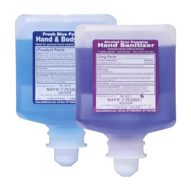 Two SafeFresh refill cartridges: purple alcohol-free hand sanitizer and blue hand & body foam soap.