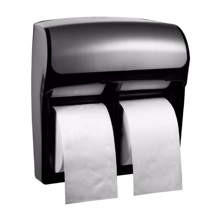 Wall-mounted dual-roll tissue dispenser with a sleek black and stainless steel design.