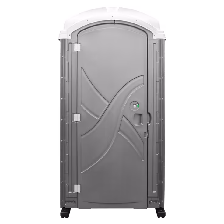 Gray portable outdoor restroom with white rounded roof and embossed door design.