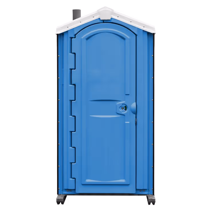Blue portable toilet with white peaked roof and closed door.
