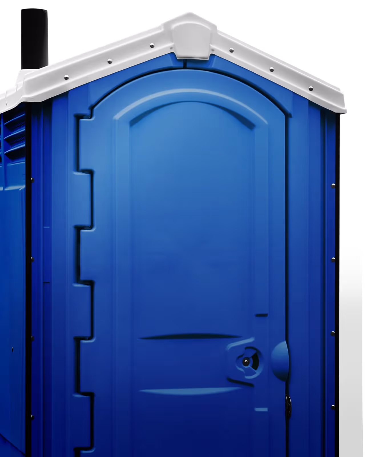 Blue portable toilet with a white roof and closed door.