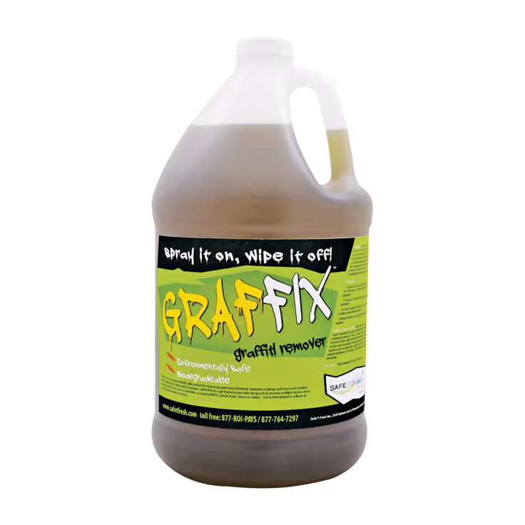 One-gallon jug of Grafffix environmentally safe graffiti remover with green and black label.