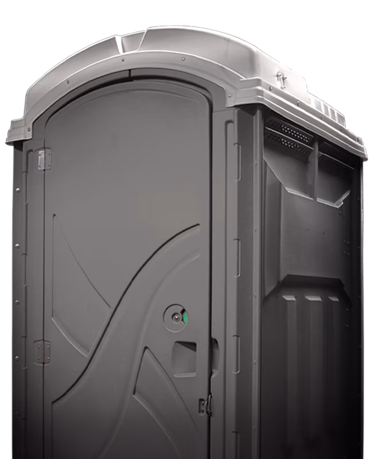 Gray portable outdoor toilet with closed door and ventilation panels near the top.