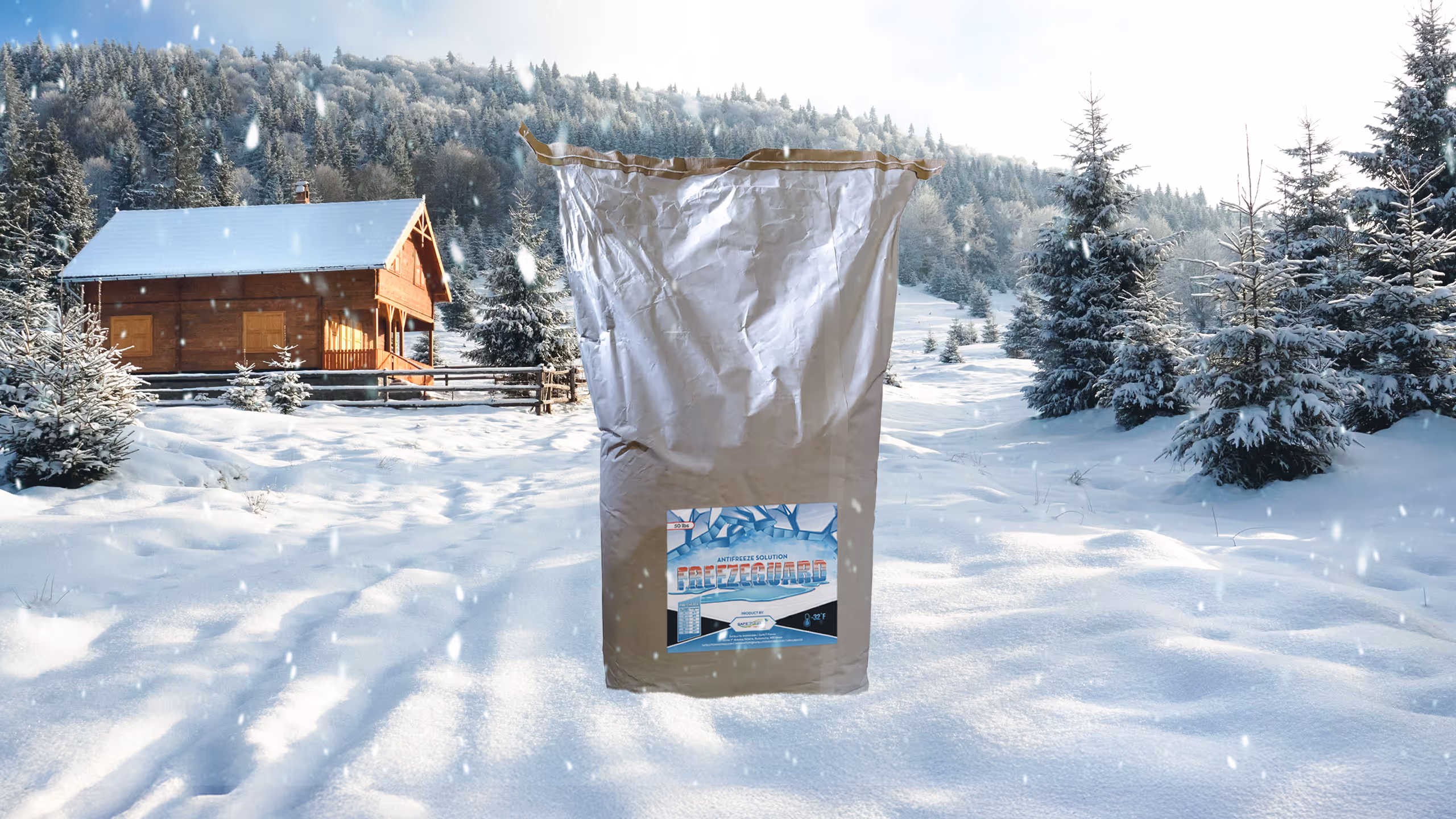 A large bag labeled FreezeGuard stands in a snowy landscape with a cabin and pine trees in the