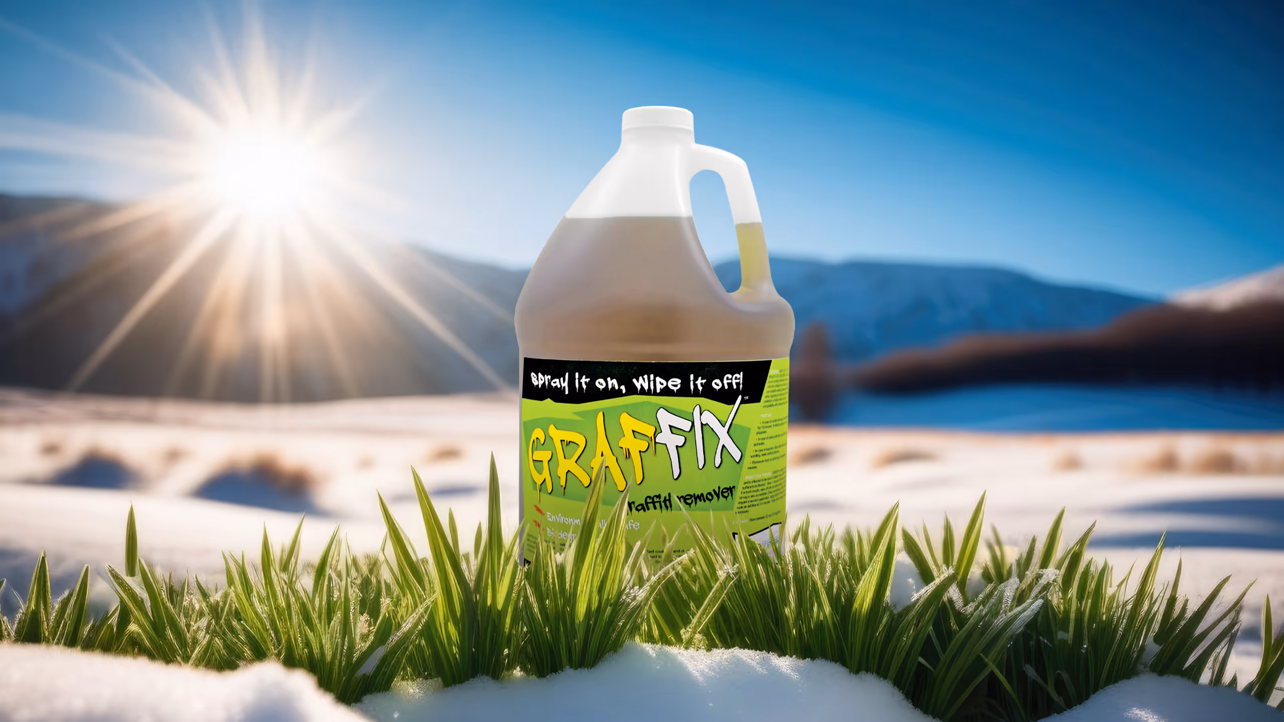 Graffix graffiti remover bottle in green grass with snow, bright sun, and snowy mountains in background.