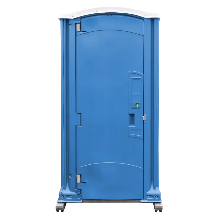 Blue portable outdoor restroom with a white roof and a closed door.