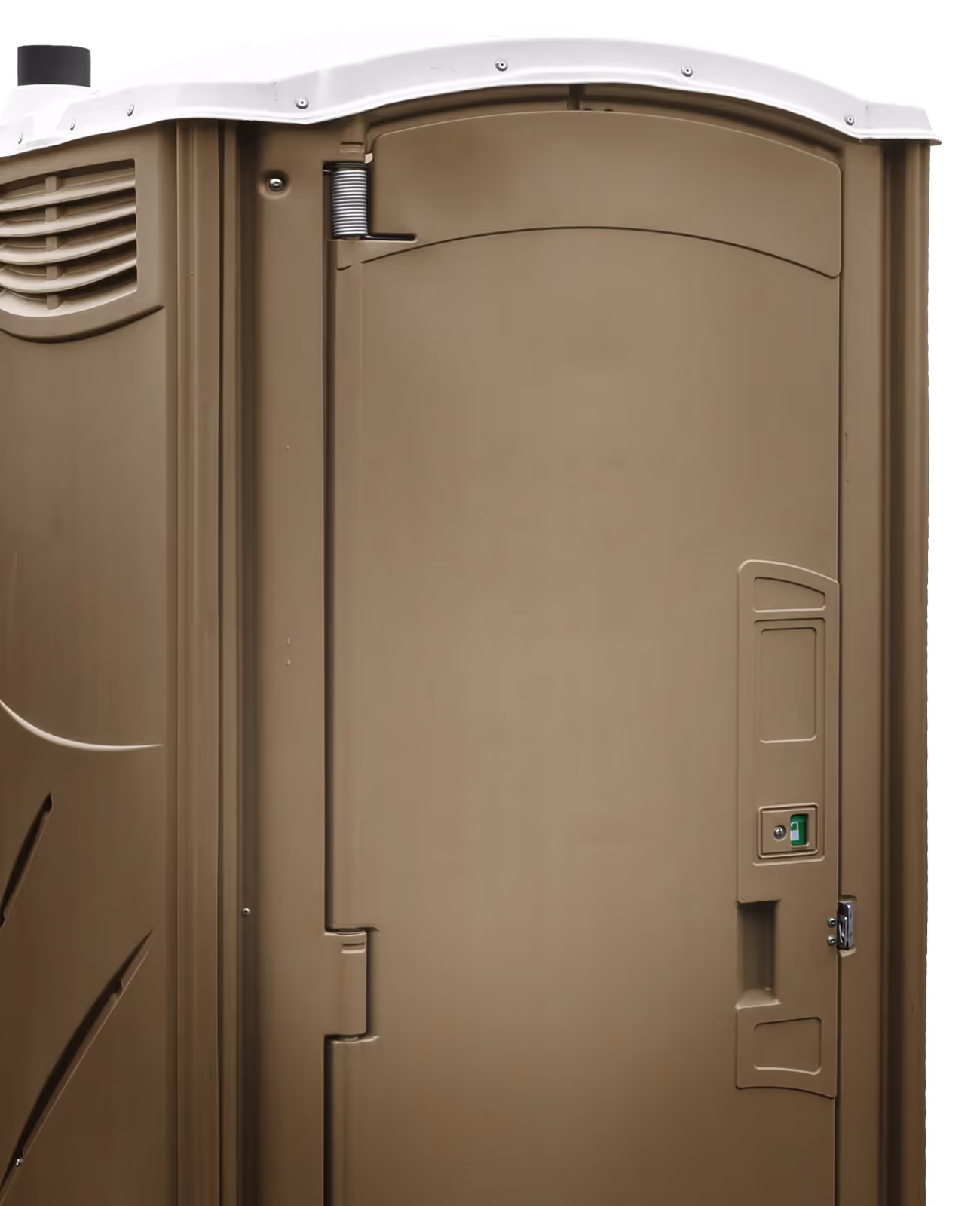 Front view of closed brown portable outdoor toilet with vent and lock indicator.