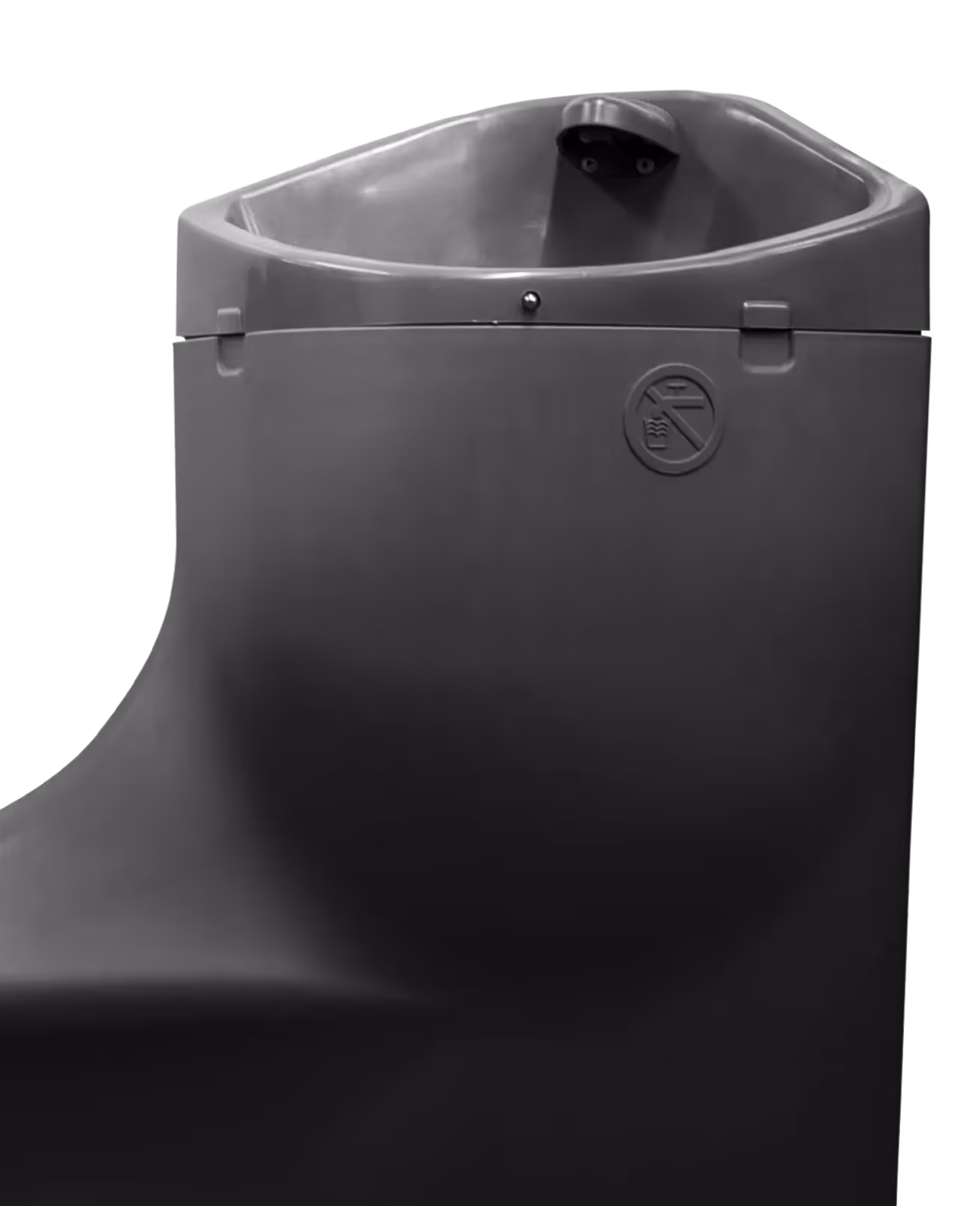 Black plastic water fountain or handwash station with angled basin and no drinking symbol.