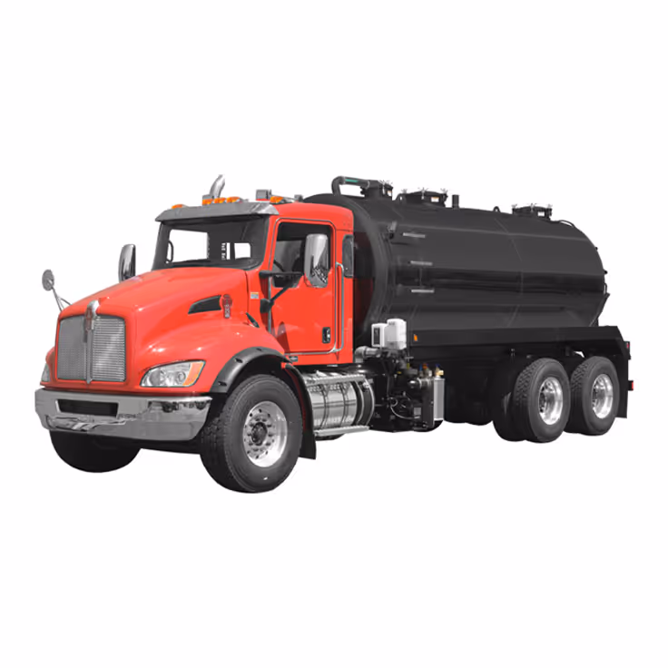 Red tanker truck with black cylindrical tank and six wheels on a white background.
