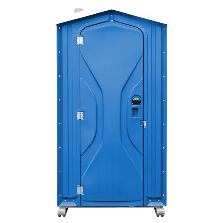Blue portable toilet with a closed door and a lock indicator on the right side.