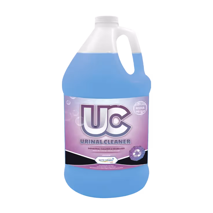 One-gallon jug of UC Urinal Cleaner with blue liquid and purple label for industrial cleaning.