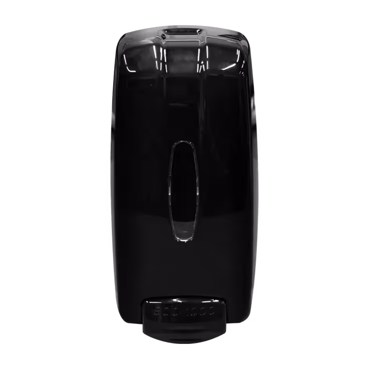 Black universal dispenser with a front window and a button at the base for dispensing product.