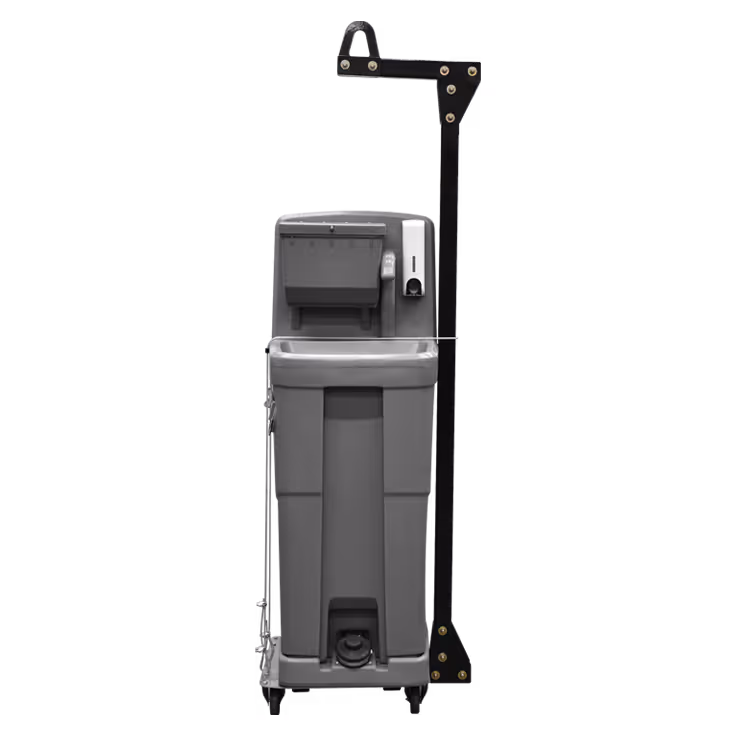Portable gray handwashing station with soap dispenser and paper towel holder on wheels.