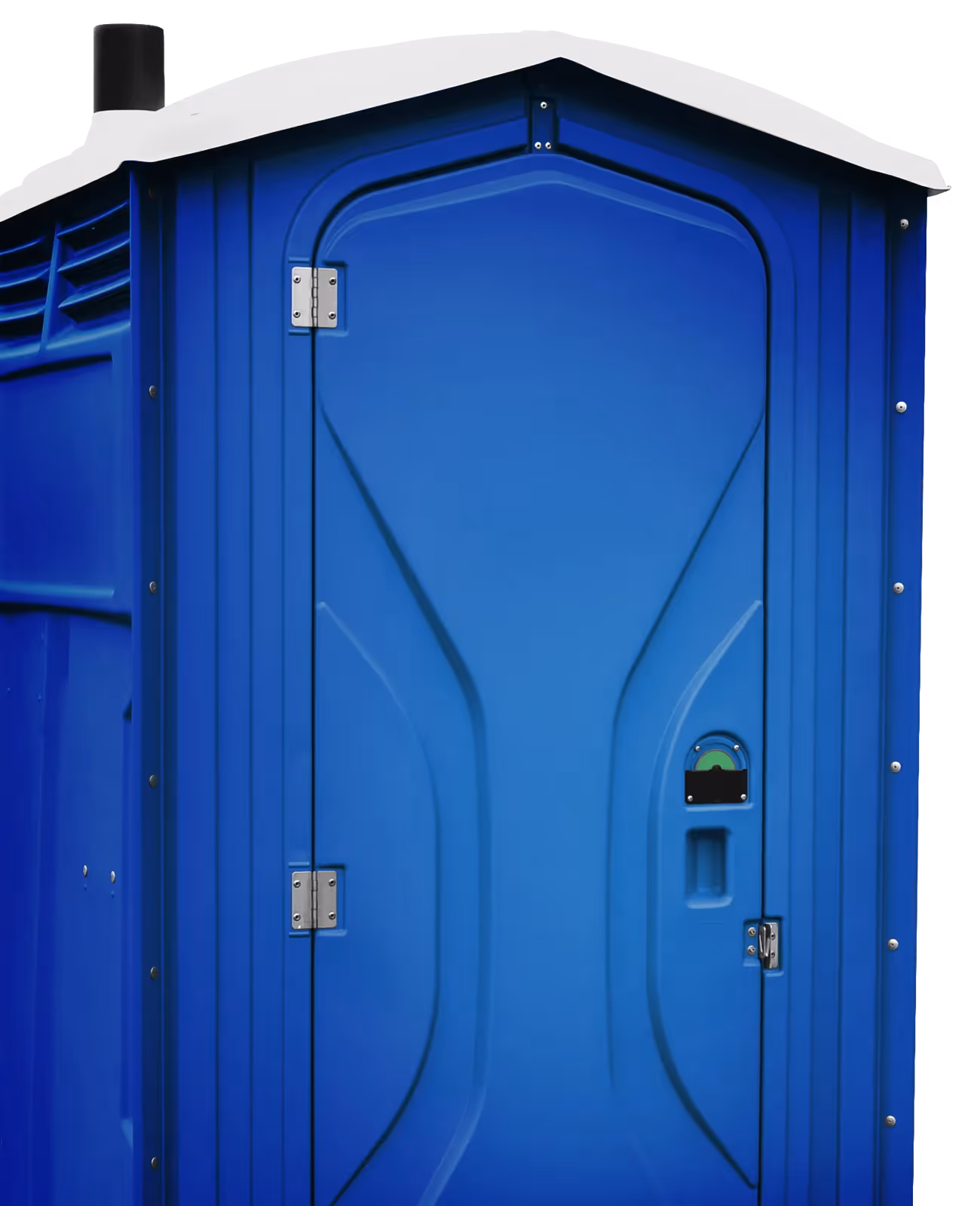 Blue portable toilet door with silver hinges, ventilation and handle.