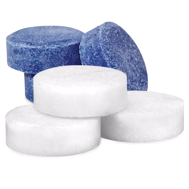 Three white and two blue round cleaning tablets stacked against a white background.