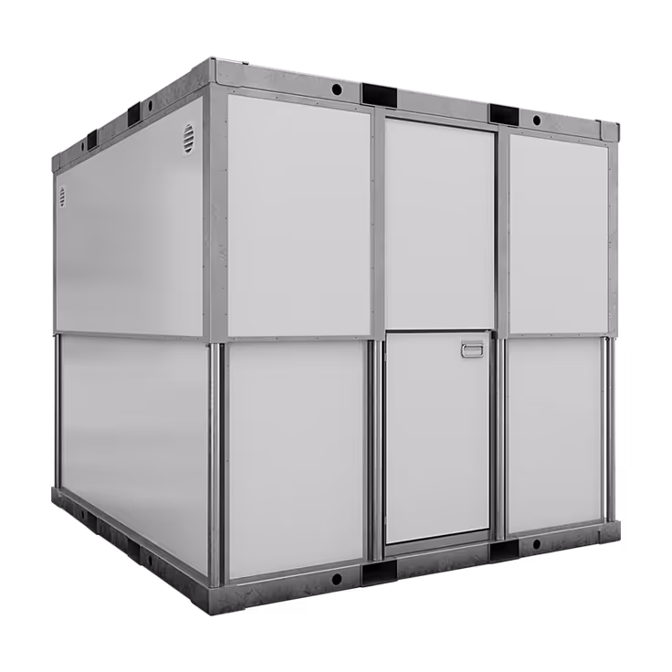 Large industrial metal container with reinforced frame and a closed door on one side.