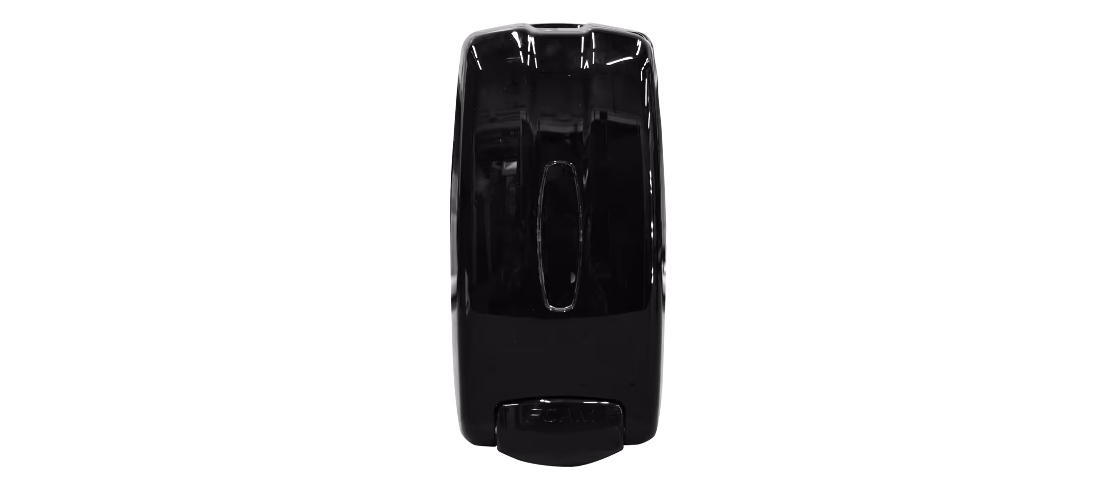 Black universal dispenser, featuring a smooth, curved design and a top opening for refills.
