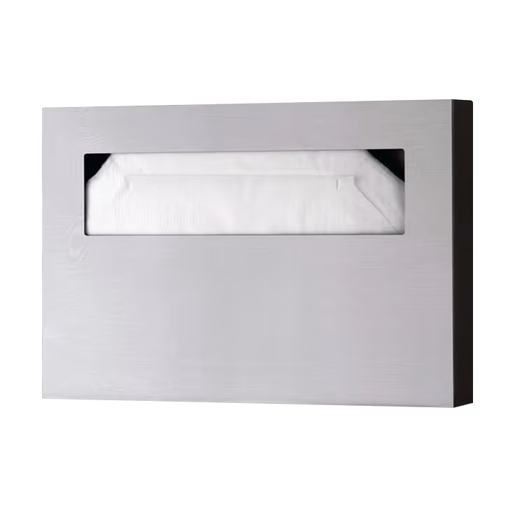 Rectangular stainless steel toilet seat cover dispenser with a front slot showing folded white covers.