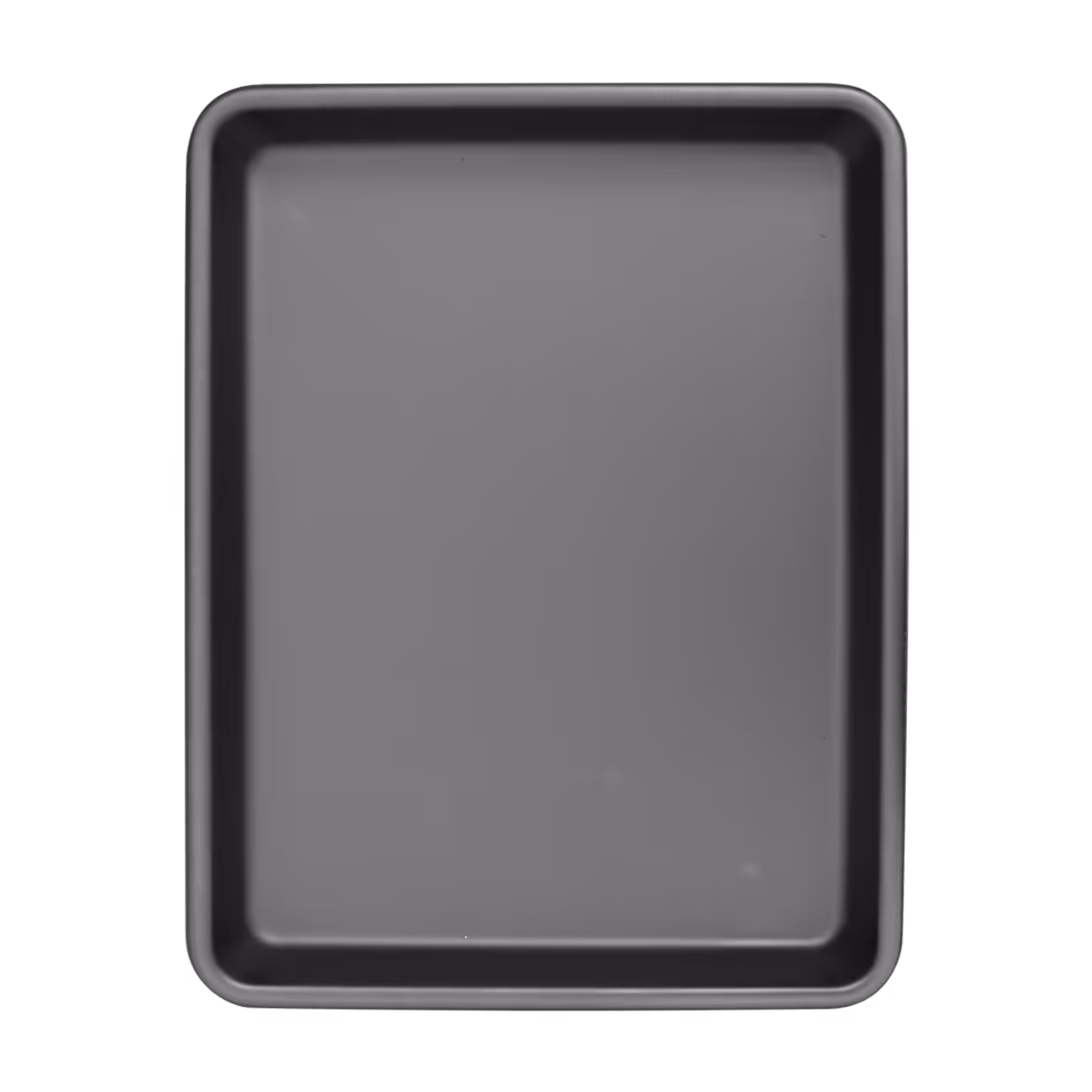 Empty rectangular black baking sheet with raised edges on a white background.