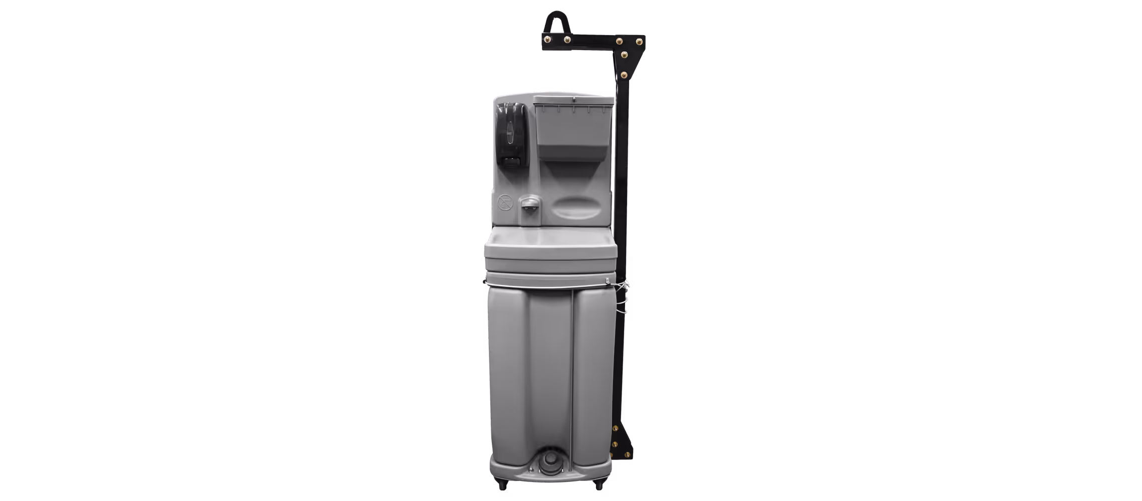 Tall gray portable handwashing station with soap dispenser, waste bin, and black support bracket.