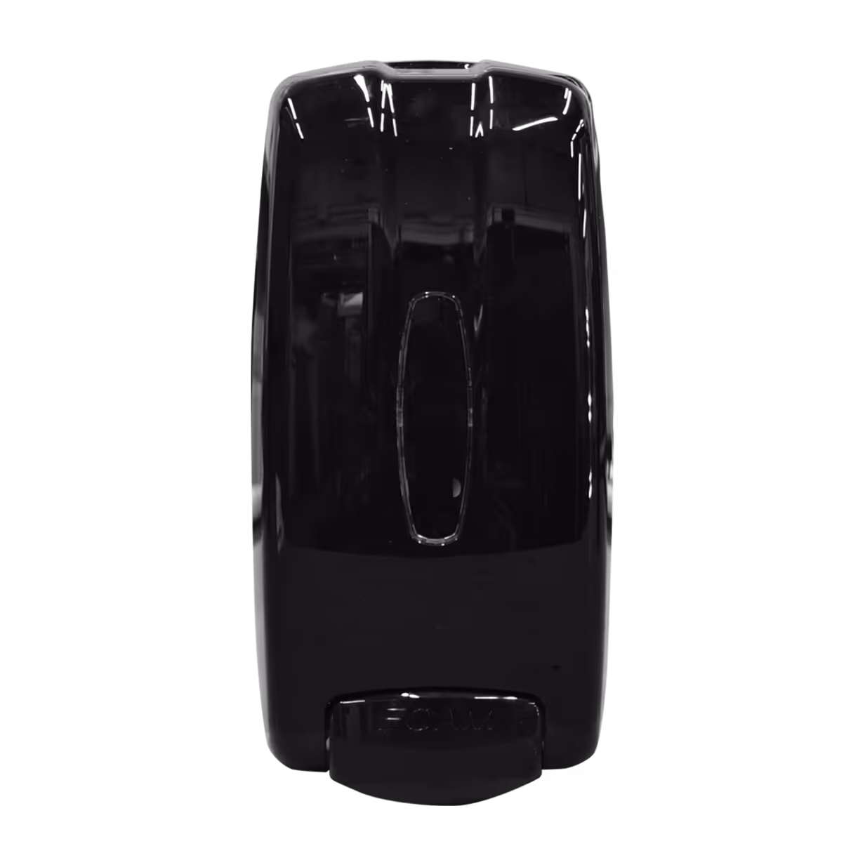 Black universal dispenser with a smooth surface and oval opening on the front.
