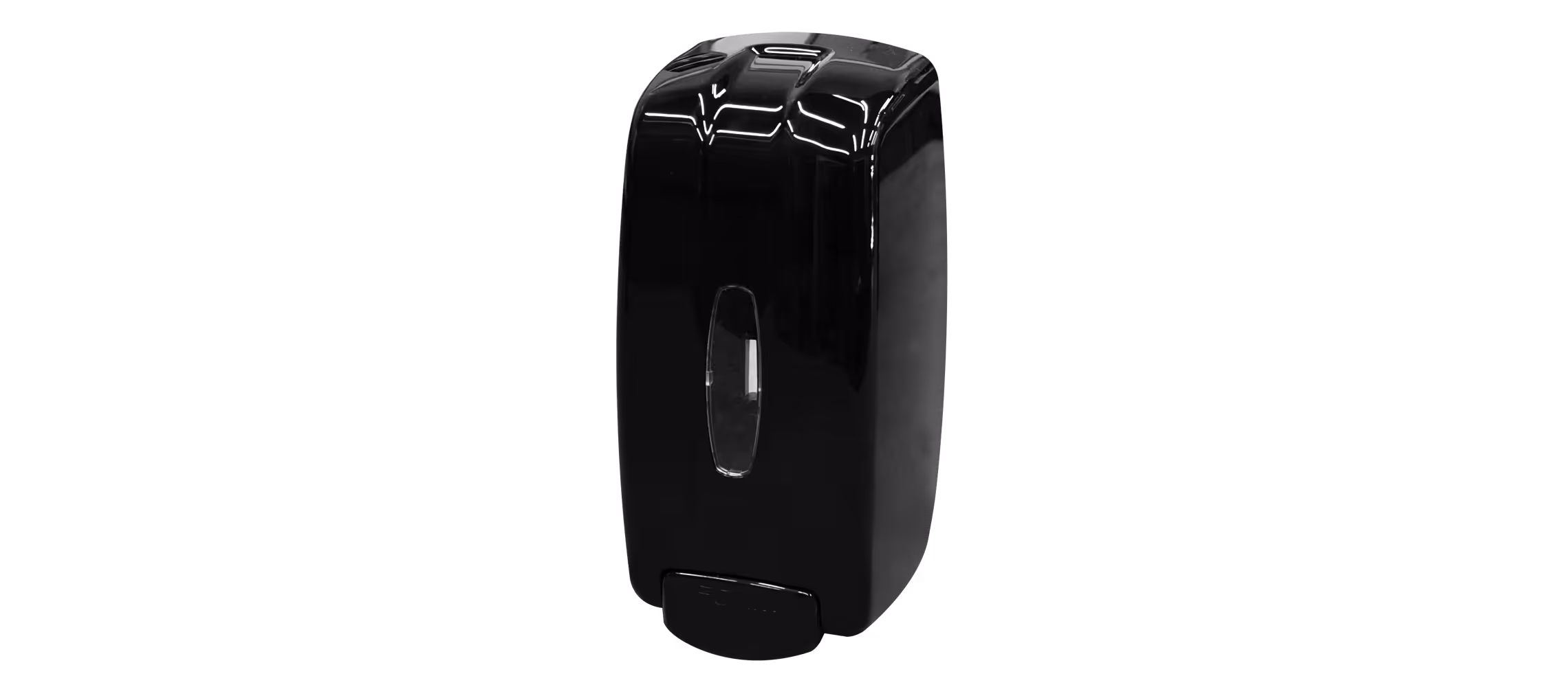 Black universal dispenser with a visible window, designed for dispensing liquids.