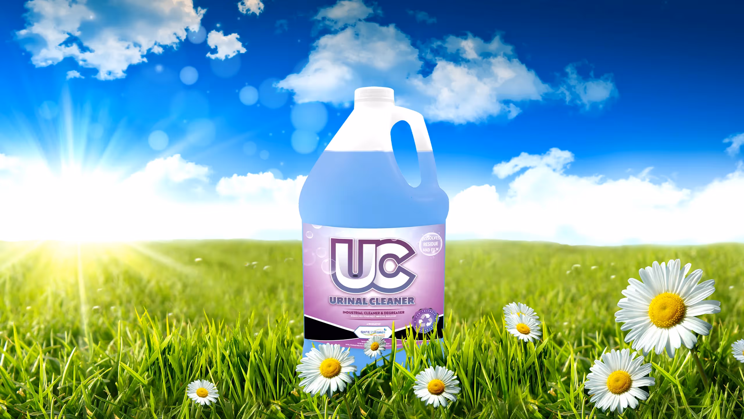 Blue UC Urinal Cleaner jug on grass with daisies under sunny sky and clouds.