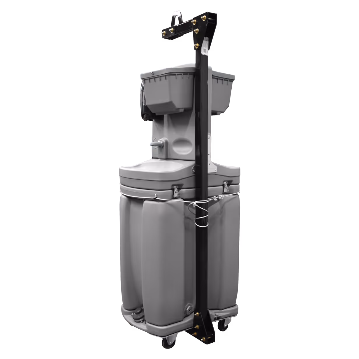Gray portable handwashing station with black metal frame and caster wheels.