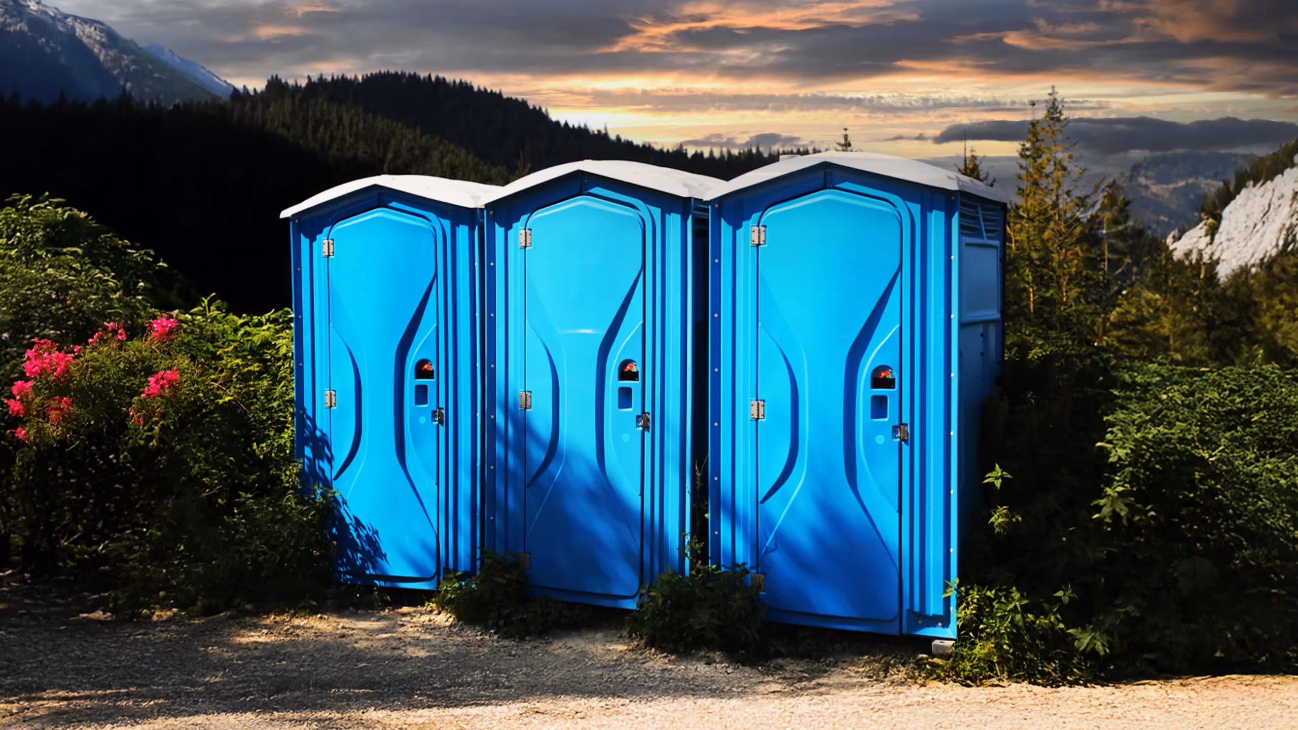 Three blue portable toilets standing on dirt path with greenery and mountains under a cloudy sky.