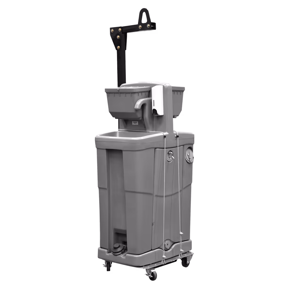Gray portable hand wash station with soap dispenser and wheels for mobility.