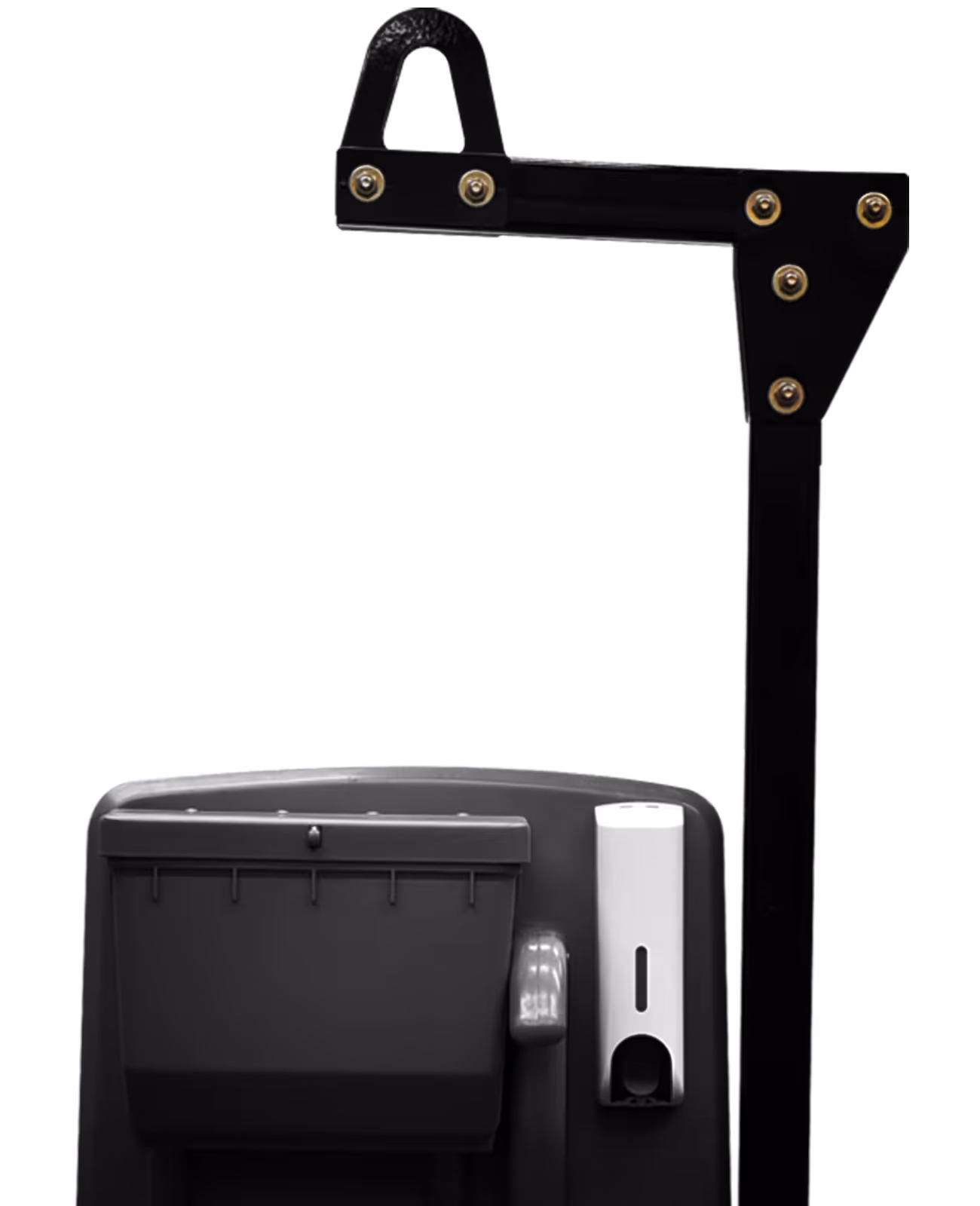 Black metal frame with a gray storage box and white soap dispenser attached on a black panel.