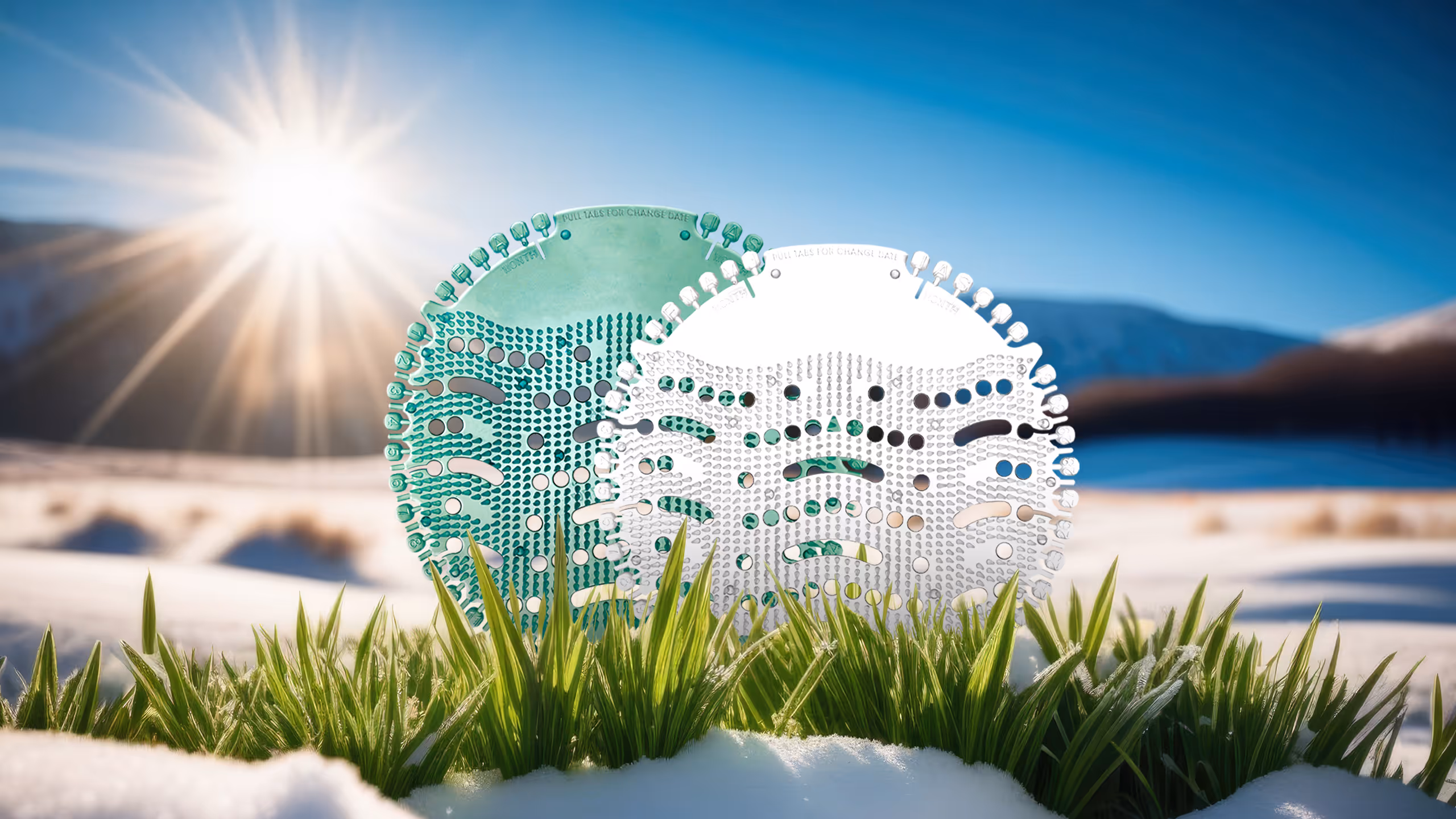 Two urinal screens, green and white, standing upright in snow with grass and sun in the background.