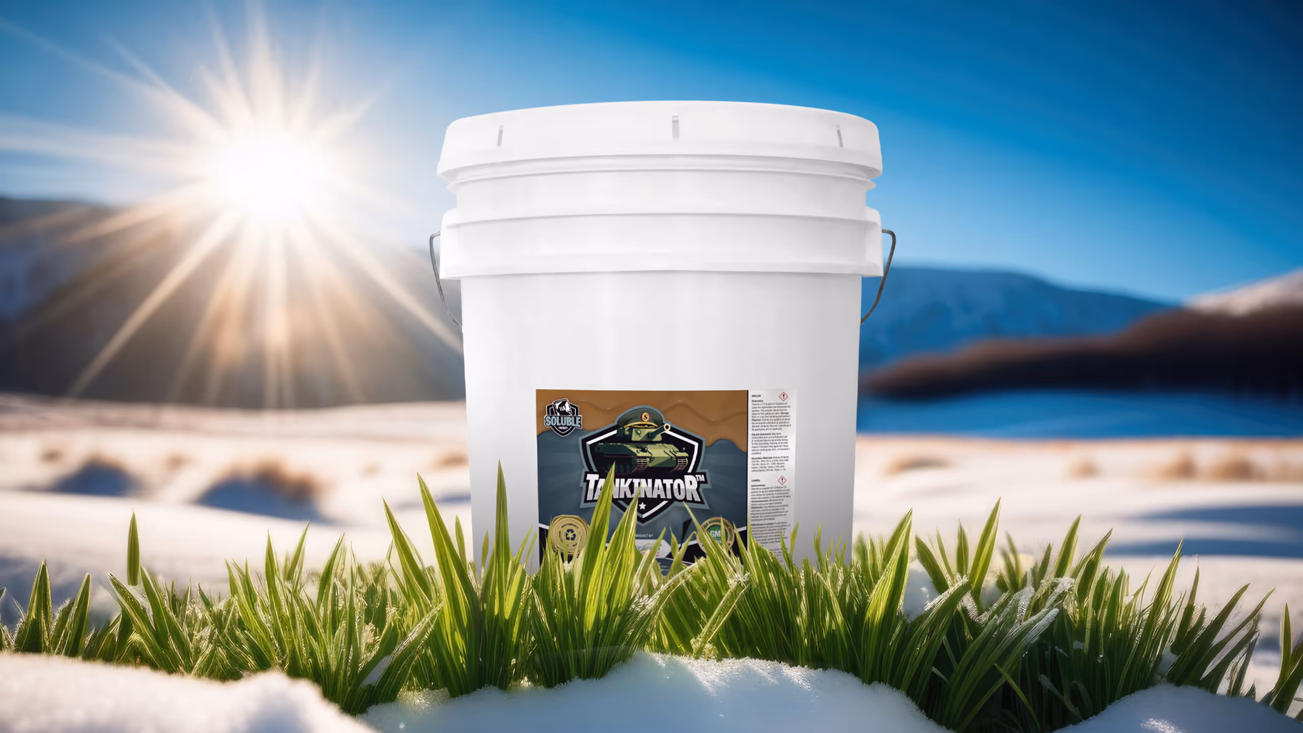White bucket labeled "Tankinator" set on grass in a snowy landscape with sunlight in the background.