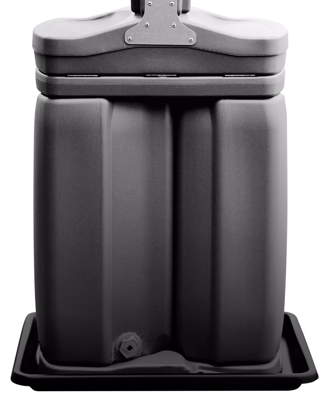 Back view of a dual-compartment plastic container resting on a rectangular tray.